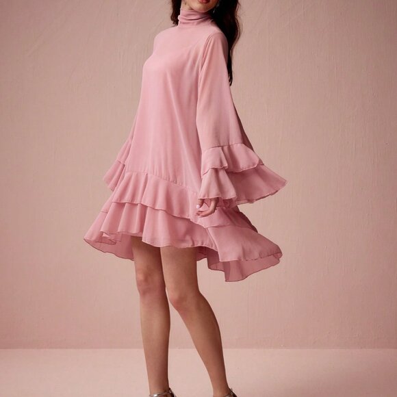 Pink Elegant Women's Ruffle Flared Sleeve Dress - Picture 3 of 7